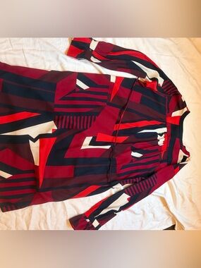 LOFT Geometric Print Long Sleeve Dress in Red, Navy & White